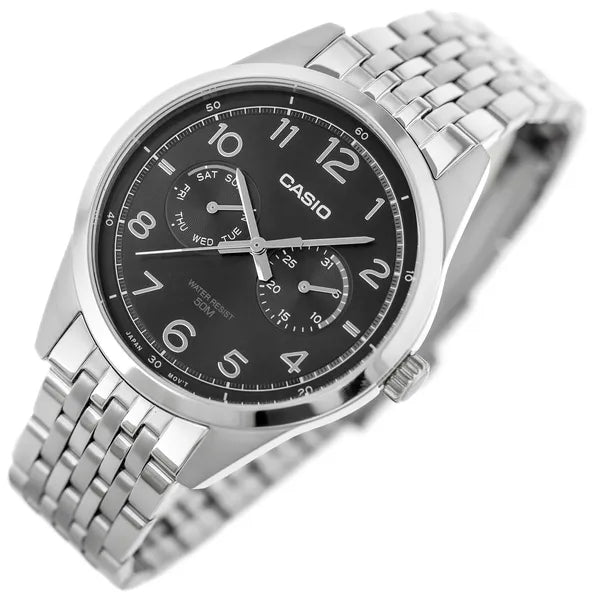 Casio MTP-E340D-1A férfi karóra, acél szíj, fekete számlap, WR50