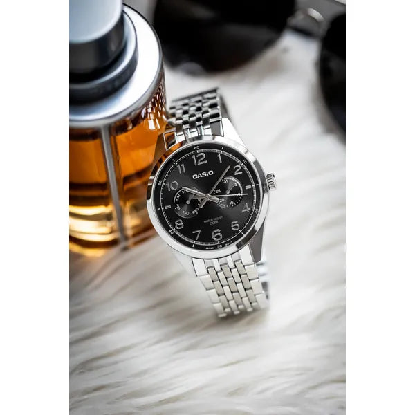 Casio MTP-E340D-1A férfi karóra, acél szíj, fekete számlap, WR50