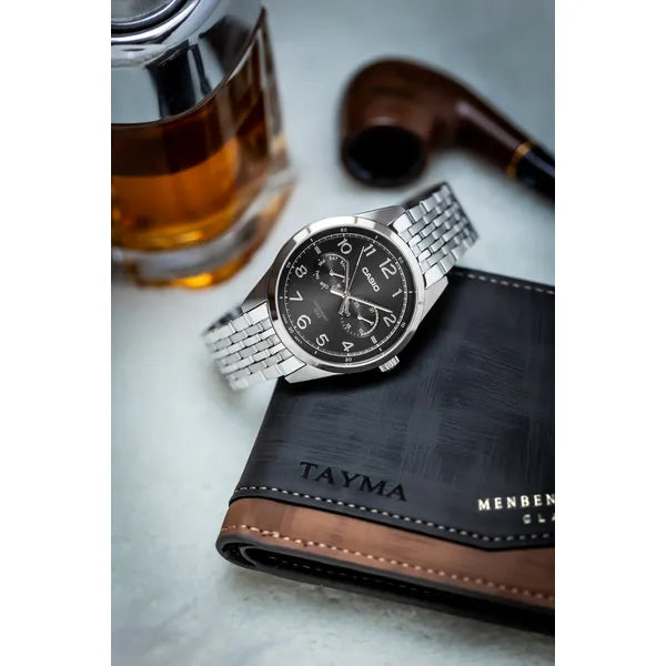 Casio MTP-E340D-1A férfi karóra, acél szíj, fekete számlap, WR50