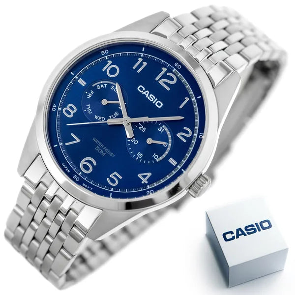 Casio MTP-E340D-2A férfi karóra, acél szíj, kék számlap, WR50, kvarc, díszdoboz