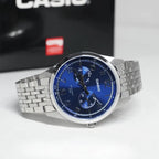 Casio MTP-E340D-2A férfi karóra, acél szíj, kék számlap, WR50, kvarc, díszdoboz