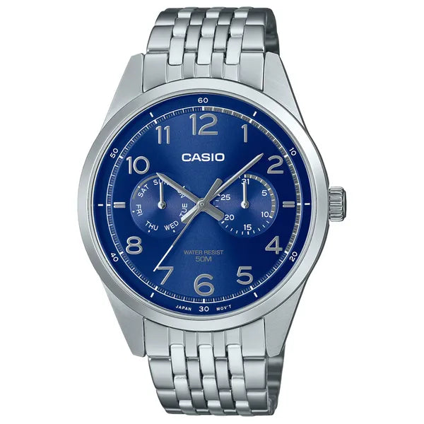 Casio MTP-E340D-2A férfi karóra, acél szíj, kék számlap, WR50, kvarc, díszdoboz
