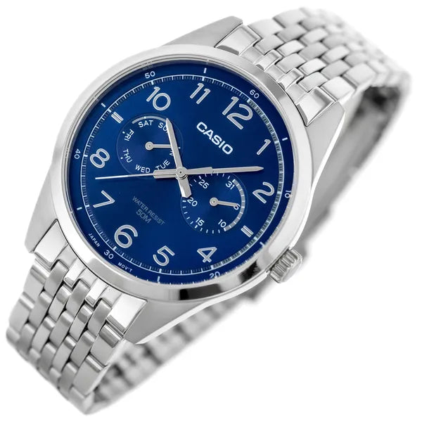 Casio MTP-E340D-2A férfi karóra, acél szíj, kék számlap, WR50, kvarc, díszdoboz