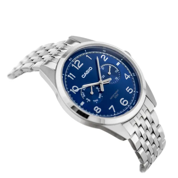 Casio MTP-E340D-2A férfi karóra, acél szíj, kék számlap, WR50, kvarc, díszdoboz