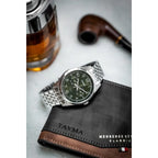 Casio MTP-E340D-3A férfi kvarc karóra, zöld számlap, nemesacél szíj, WR50