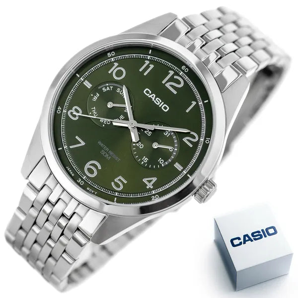 Casio MTP-E340D-3A férfi kvarc karóra, zöld számlap, nemesacél szíj, WR50