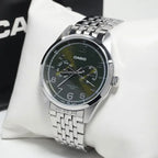 Casio MTP-E340D-3A férfi kvarc karóra, zöld számlap, nemesacél szíj, WR50