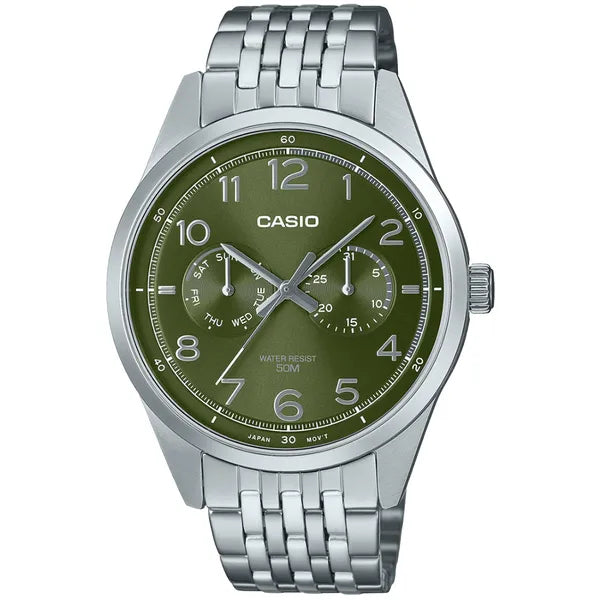 Casio MTP-E340D-3A férfi kvarc karóra, zöld számlap, nemesacél szíj, WR50