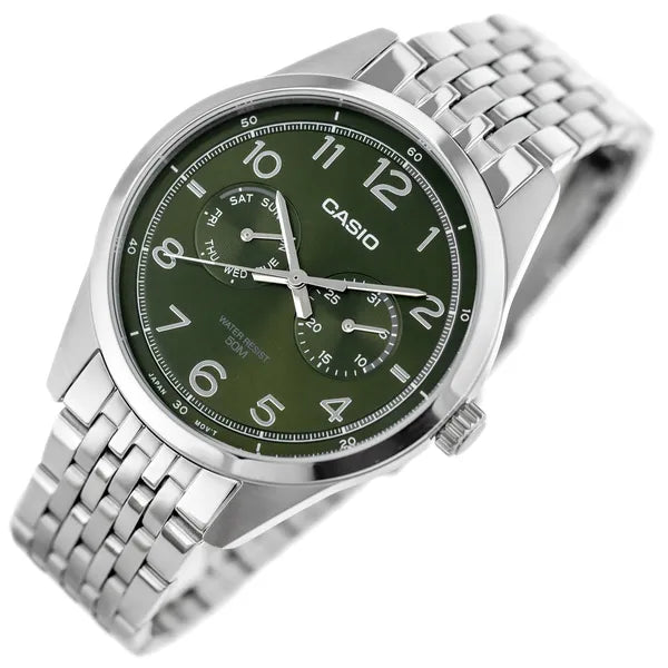 Casio MTP-E340D-3A férfi kvarc karóra, zöld számlap, nemesacél szíj, WR50