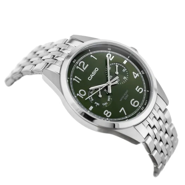 Casio MTP-E340D-3A férfi kvarc karóra, zöld számlap, nemesacél szíj, WR50