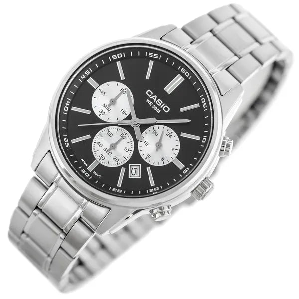 Casio MTP-E515D-1A férfi kronográf karóra, acél szíj, grafit számlap, WR50