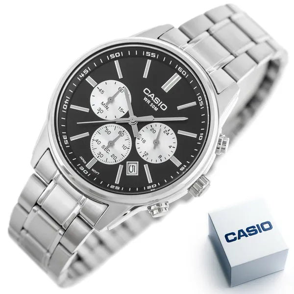 Casio MTP-E515D-1A férfi kronográf karóra, acél szíj, grafit számlap, WR50