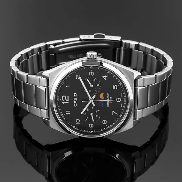 Casio MTP-M300D-1A férfi karóra, fekete számlap, acél szíj, WR50, 40 mm