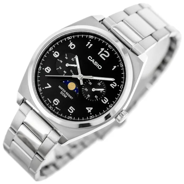 Casio MTP-M300D-1A férfi karóra, fekete számlap, acél szíj, WR50, 40 mm