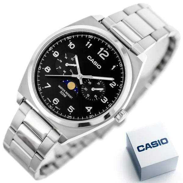 Casio MTP-M300D-1A férfi karóra, fekete számlap, acél szíj, WR50, 40 mm