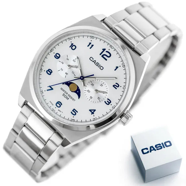 Casio MTP-M300D-7A férfi kvarc karóra, acél, 40 mm, WR50, fehér számlap