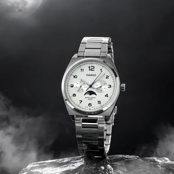Casio MTP-M300D-7A férfi kvarc karóra, acél, 40 mm, WR50, fehér számlap