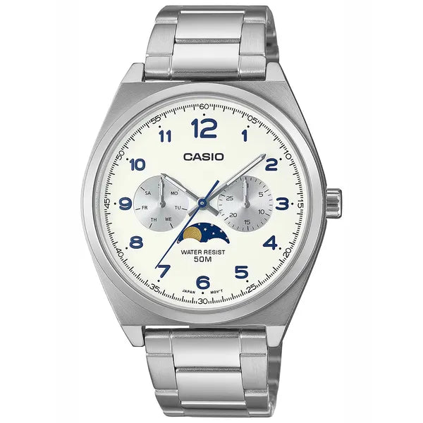 Casio MTP-M300D-7A férfi kvarc karóra, acél, 40 mm, WR50, fehér számlap