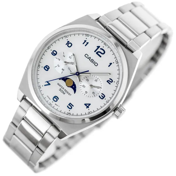 Casio MTP-M300D-7A férfi kvarc karóra, acél, 40 mm, WR50, fehér számlap