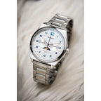 Casio MTP-M300D-7A férfi kvarc karóra, acél, 40 mm, WR50, fehér számlap