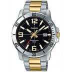 Casio MTP-VD01SG-1B férfi karóra, fekete számlap, ezüst-arany acél szíj, WR50