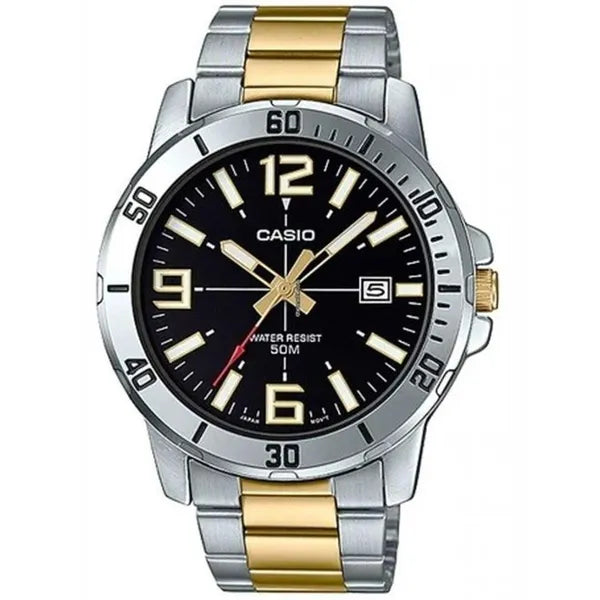 Casio MTP-VD01SG-1B férfi karóra, fekete számlap, ezüst-arany acél szíj, WR50