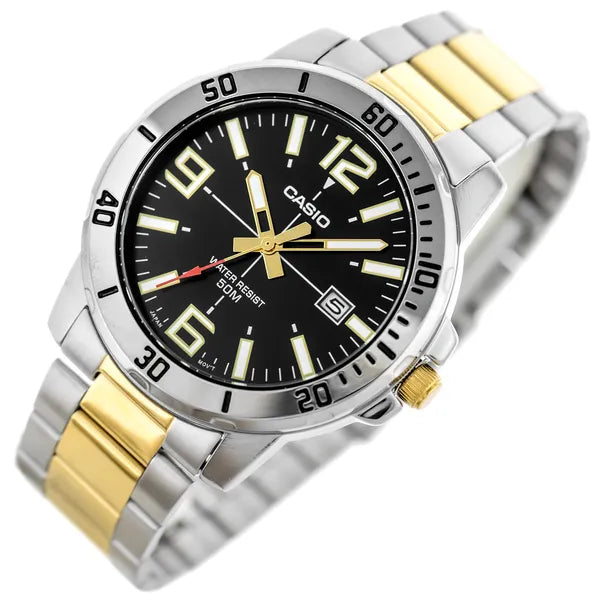 Casio MTP-VD01SG-1B férfi karóra, fekete számlap, ezüst-arany acél szíj, WR50