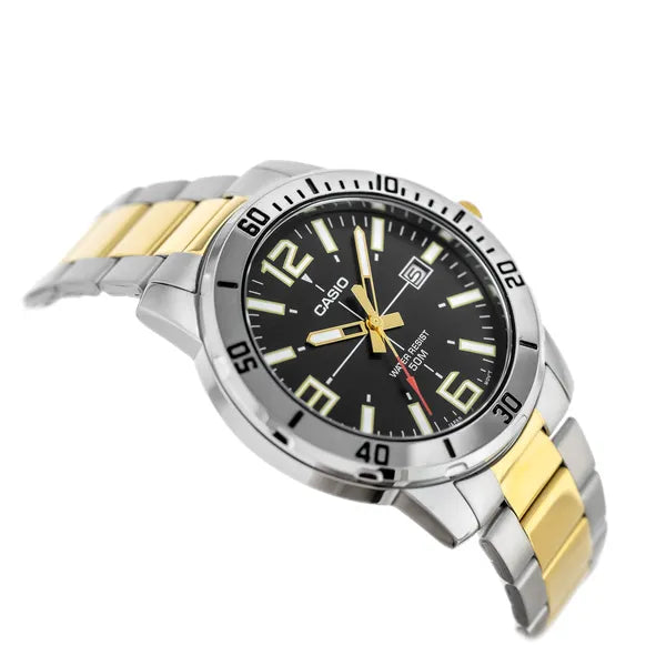 Casio MTP-VD01SG-1B férfi karóra, fekete számlap, ezüst-arany acél szíj, WR50