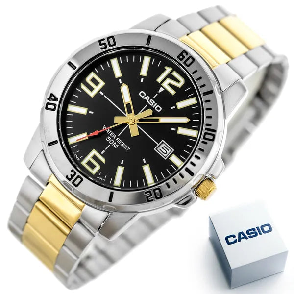 Casio MTP-VD01SG-1B férfi karóra, fekete számlap, ezüst-arany acél szíj, WR50
