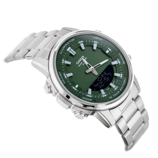 Casio AMW-880D-3A férfi karóra, zöld számlap, acél szíj, WR50