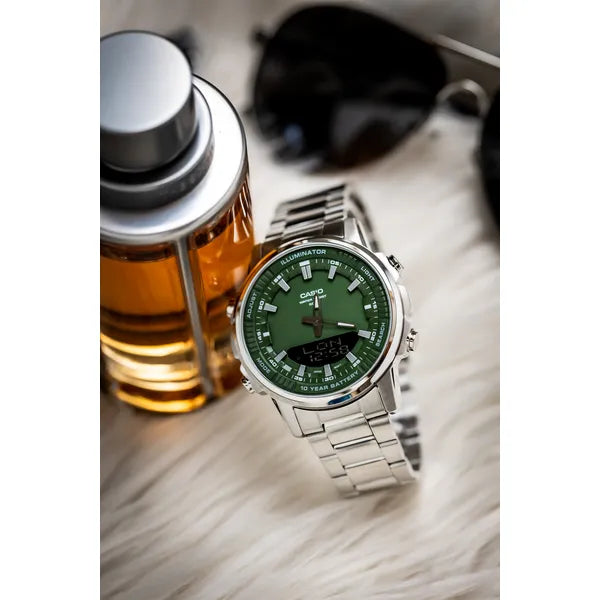 Casio AMW-880D-3A férfi karóra, zöld számlap, acél szíj, WR50