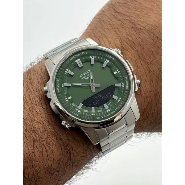 Casio AMW-880D-3A férfi karóra, zöld számlap, acél szíj, WR50