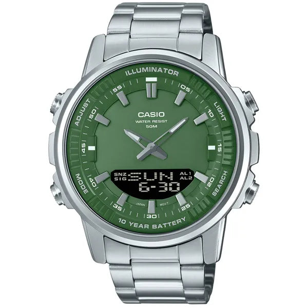 Casio AMW-880D-3A férfi karóra, zöld számlap, acél szíj, WR50