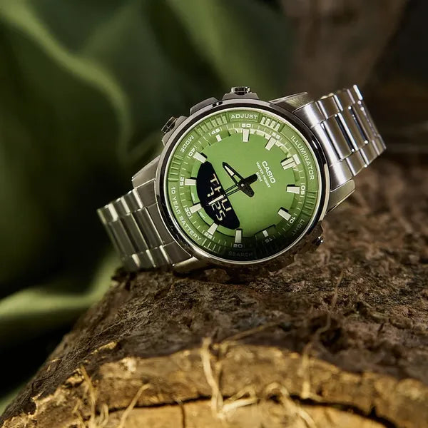 Casio AMW-880D-3A férfi karóra, zöld számlap, acél szíj, WR50