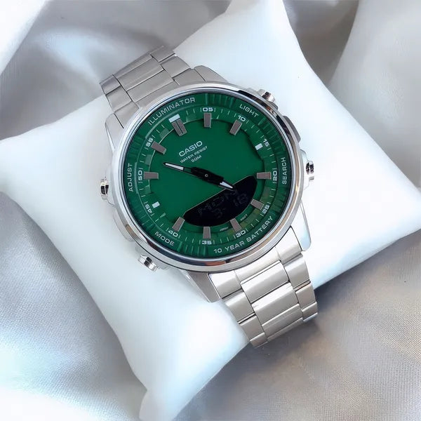 Casio AMW-880D-3A férfi karóra, zöld számlap, acél szíj, WR50