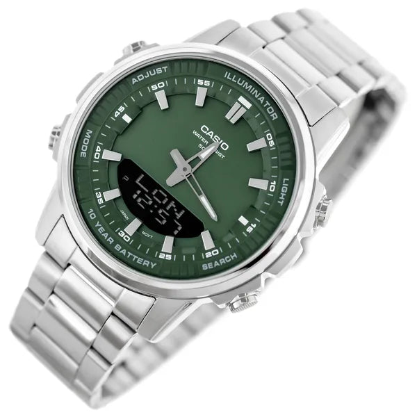 Casio AMW-880D-3A férfi karóra, zöld számlap, acél szíj, WR50