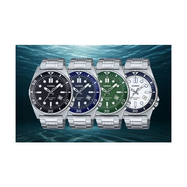 Casio MTD-135D-7A férfi karóra, 44 mm, fehér számlap, acél, WR50, dátum