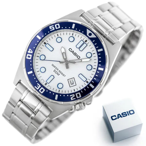 Casio MTD-135D-7A férfi karóra, 44 mm, fehér számlap, acél, WR50, dátum