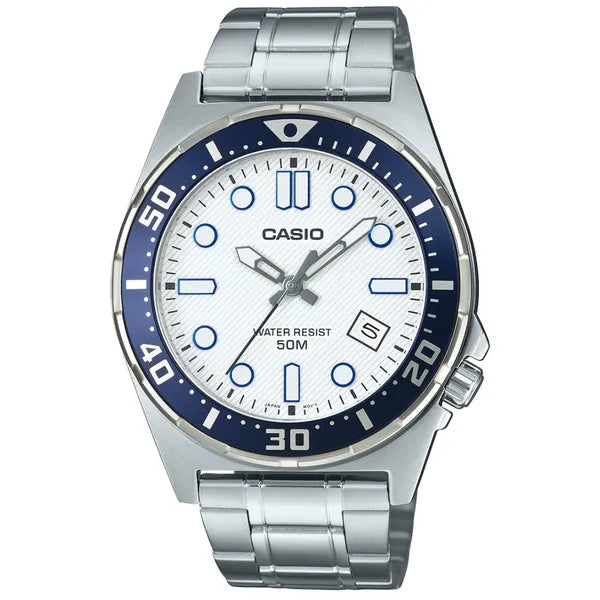 Casio MTD-135D-7A férfi karóra, 44 mm, fehér számlap, acél, WR50, dátum