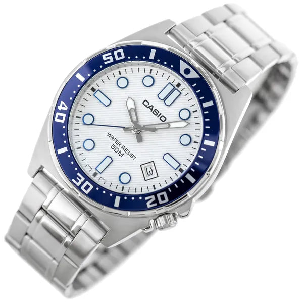 Casio MTD-135D-7A férfi karóra, 44 mm, fehér számlap, acél, WR50, dátum