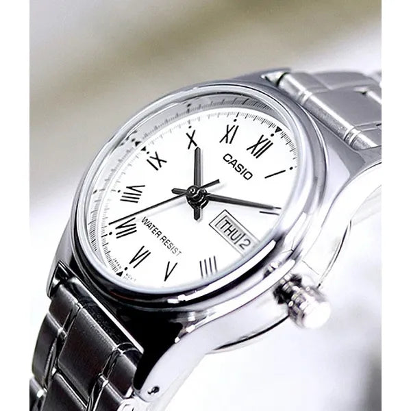 Casio női karóra LTP-V006D-7B, ezüst, acél szíj, dátum, WR30