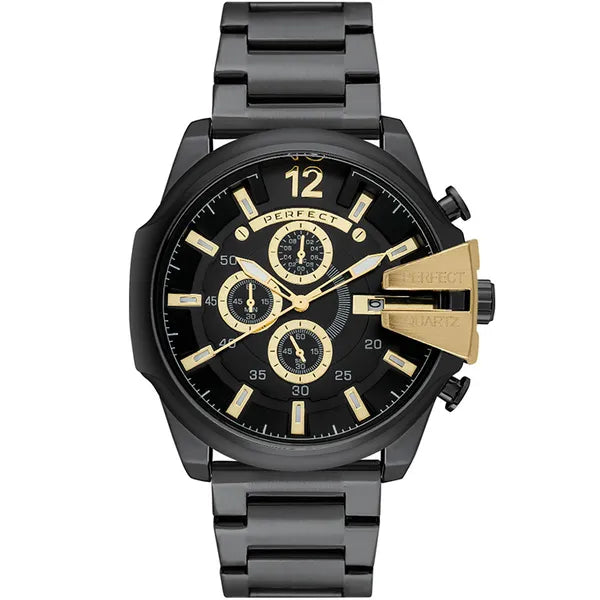 Perfect férfi kronográf karóra, fekete-arany, 53 mm, fém szíj, WR30