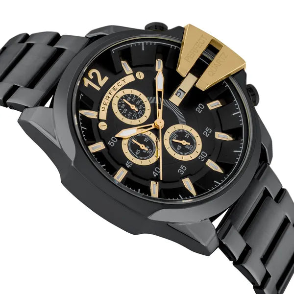 Perfect férfi kronográf karóra, fekete-arany, 53 mm, fém szíj, WR30