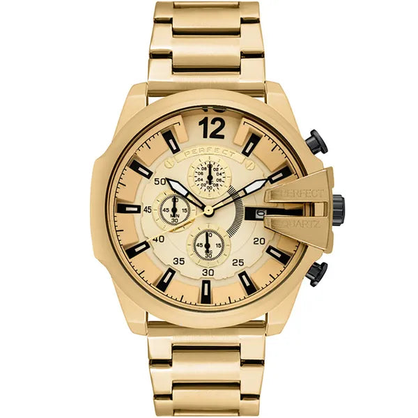 Perfect férfi kronográf karóra M513CH-05, arany, kvarc, WR30, fém szíj