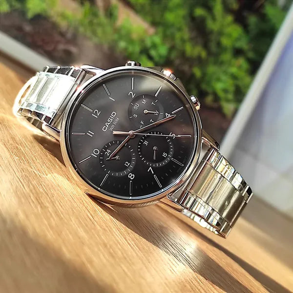 Casio MTP-E321D-1A férfi karóra, acél szíj, fekete számlap, WR50