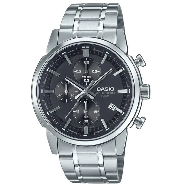 Casio MTP-E510D-1A1 férfi karóra, fekete számlap, acél szíj, WR50, kronográf