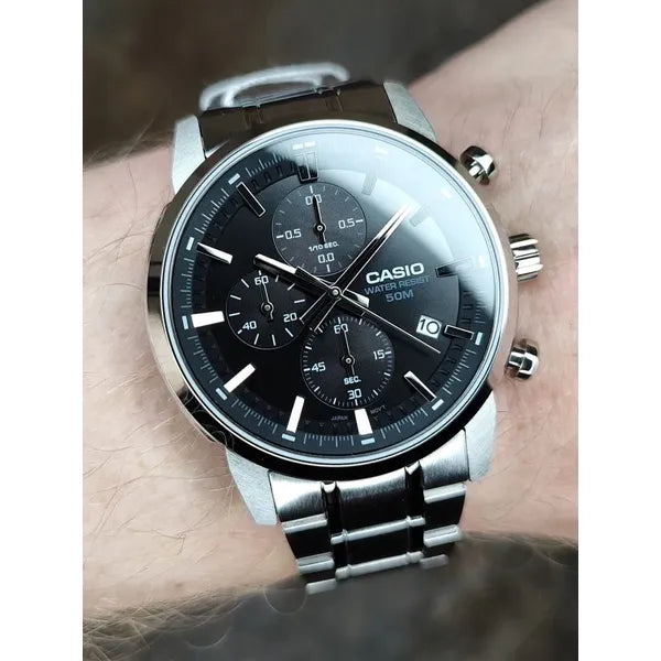 Casio MTP-E510D-1A1 férfi karóra, fekete számlap, acél szíj, WR50, kronográf