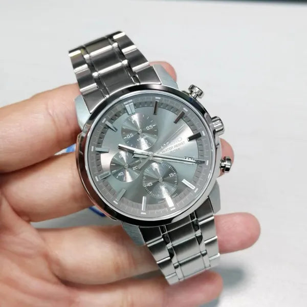Casio MTP-E510D-8A férfi kvarc karóra, acél, szürke számlap, WR50, kronográf