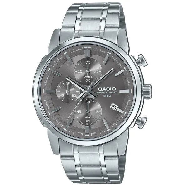 Casio MTP-E510D-8A férfi kvarc karóra, acél, szürke számlap, WR50, kronográf