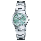 Casio női karóra LTP-1241D-3A, ezüst acél szíj, zöld számlap, 25 mm, WR30, dátumkijelző